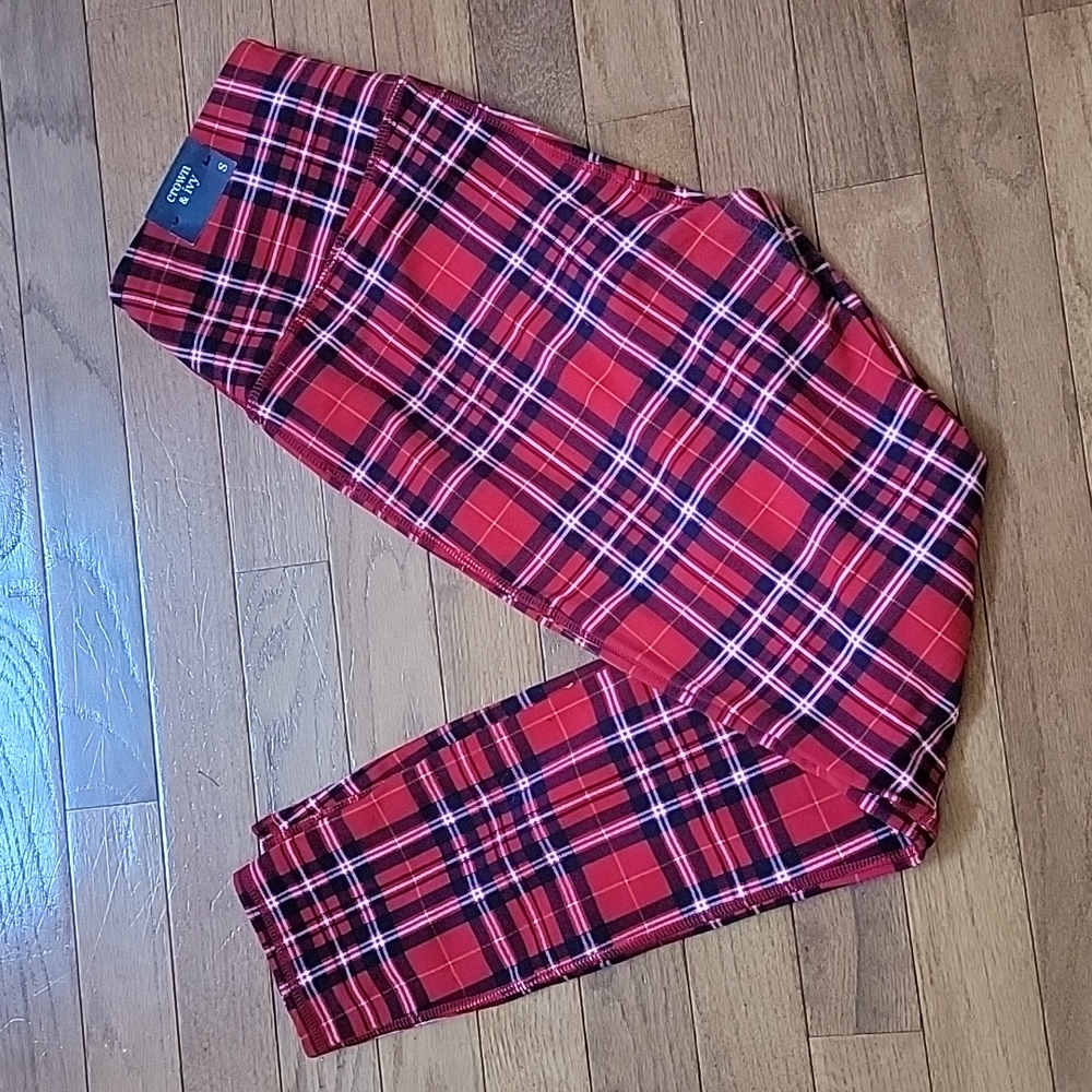 Crown and Ivy plaid red, white and blue stretchy leggings pant NWT women's Small